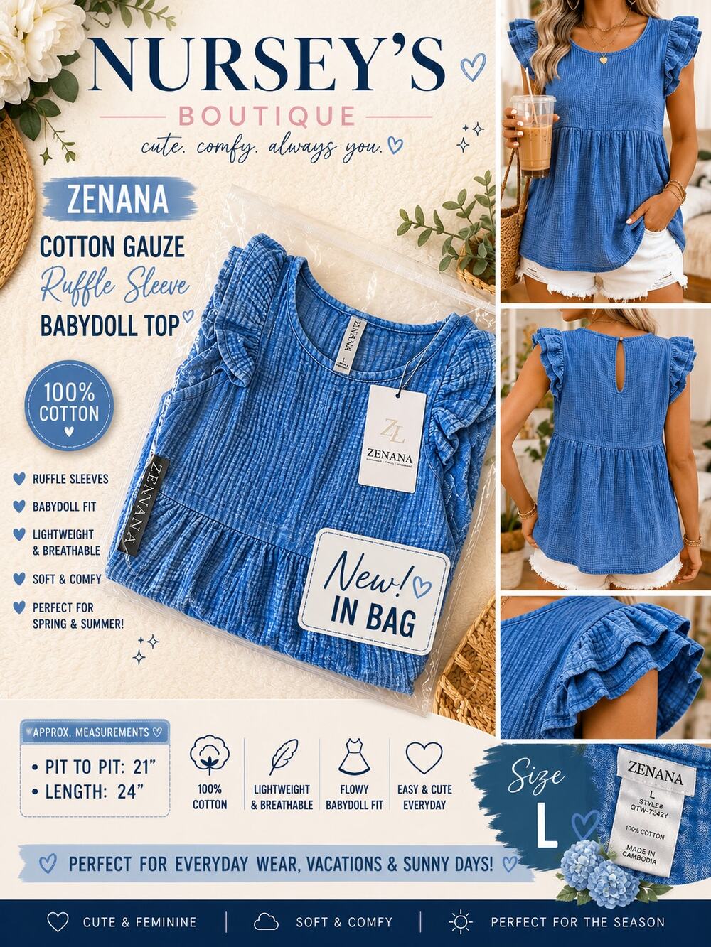 Zenana NIB Blue Cotton Gauze Ruffle Sleeve Babydoll Top Size L